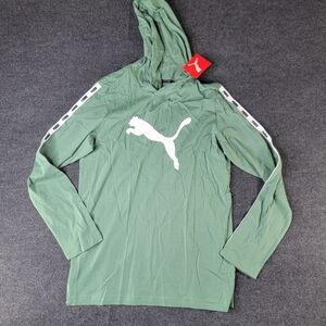 Puma Men's Long Sleeve Micro Tape Hoodie Tee Shirt Sz Small Green White Cotton